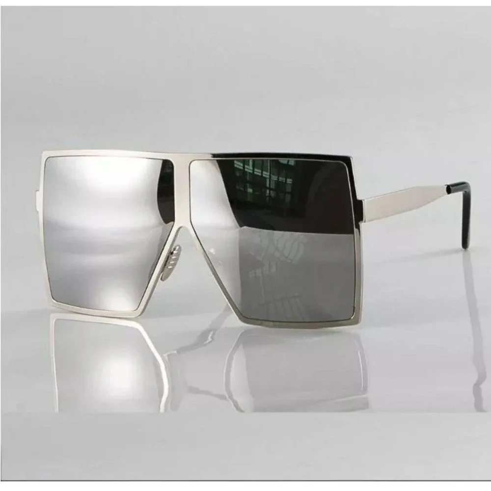 Oversized Square Mirrored Sunglasses Mens Womens Silver Frame Fashion Shades New